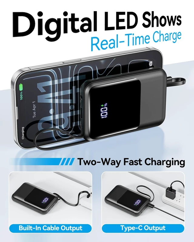 Alt view image 6 of 7 - Tikeyo Portable Charger Power Bank 12000mAh(22.5W, Built-In Cables) Smaller | Charge 5 Devices,LED Display,Flight-Safe, Travel Essentials, Flashlight, for iPhone 17/16/15/14, Samsung, Switch and more