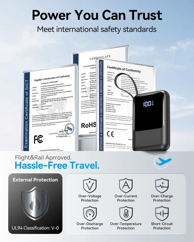 Alt view image 7 of 7 - Tikeyo Portable Charger Power Bank 12000mAh(22.5W, Built-In Cables) Smaller | Charge 5 Devices,LED Display,Flight-Safe, Travel Essentials, Flashlight, for iPhone 17/16/15/14, Samsung, Switch and more