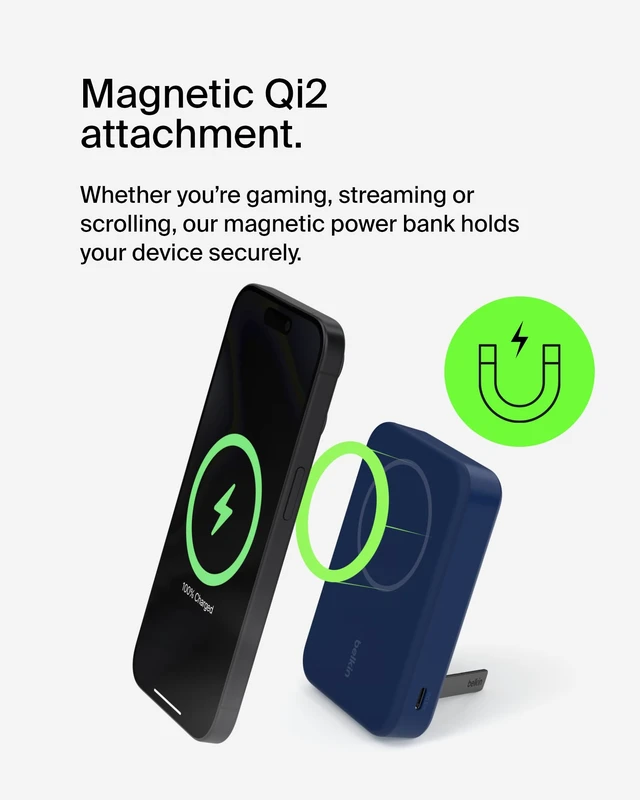 Alt view image 5 of 7 - Belkin 10000mAh 15W Qi2 MagSafe Power Bank w/Built-in Kickstand | Wireless Charging Battery Pack, iPhone 17, Air, Pro, Pro Max, AirPods, Apple Watch, Google Pixel 10, Built-in Stand, Magnetic