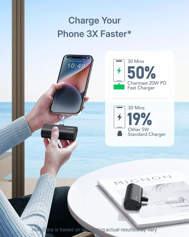 Alt view image 3 of 7 - charmast Mini Portable Charger for iPhone 14 & Earlier, 5000mAh Power Bank|Lipstick-Size Battery Pack Compatible with iPhone 14/13/12/11/XR, Lightweight, Purse Ready, Direct Plug-in, 20W Fast Charging