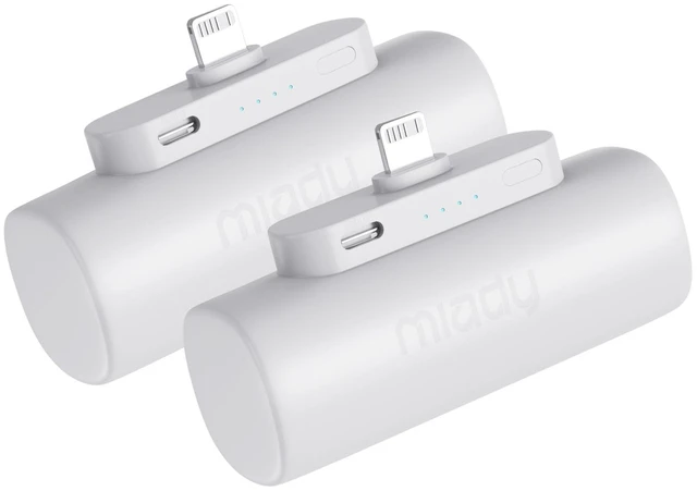 Main image of Miady 2-Pack Mini Portable Charger Built-in Connector Compact Battery Pack | 5000mAh PowerBankNot for AndroidLightweightfor TravelCompatible with iPhone 14/13 SeriesFlight-Safe18WhWhite+White