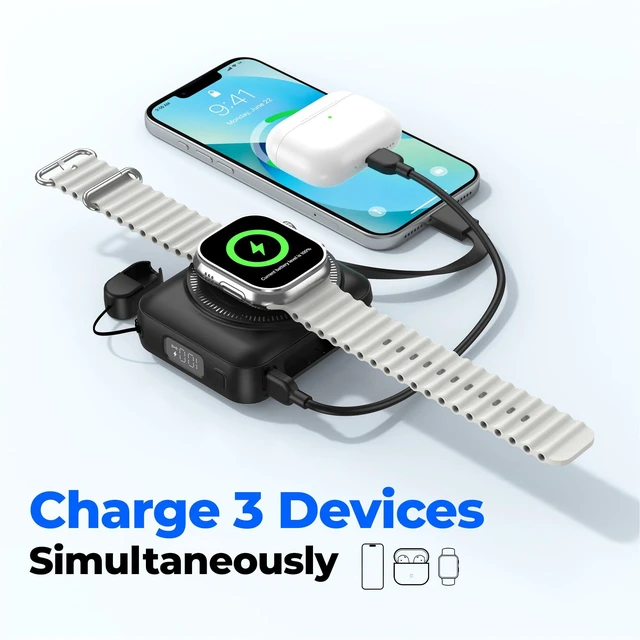 Alt view image 3 of 7 - 20000mAh Portable Charger 22.5W Fast Charging Power Bank Charge iWatch, Built-in Cables, LED Display, Magnetic Wireless Charging, TSA approved, Pocket Size, for Apple Watch, Phone, AirPods, Black