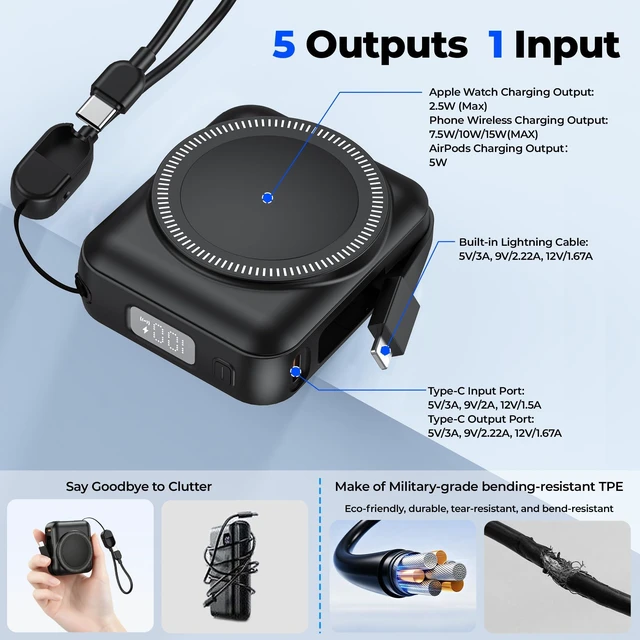 Alt view image 4 of 7 - 20000mAh Portable Charger 22.5W Fast Charging Power Bank Charge iWatch, Built-in Cables, LED Display, Magnetic Wireless Charging, TSA approved, Pocket Size, for Apple Watch, Phone, AirPods, Black