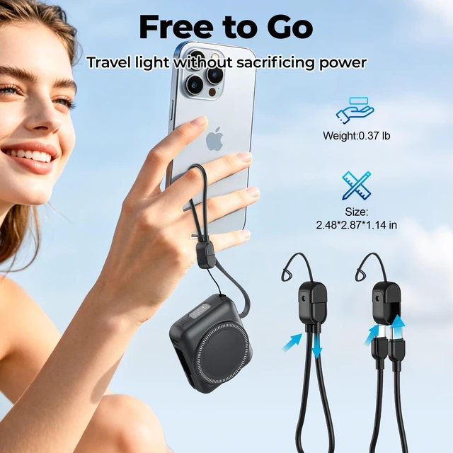 Alt view image 6 of 7 - 20000mAh Portable Charger 22.5W Fast Charging Power Bank Charge iWatch, Built-in Cables, LED Display, Magnetic Wireless Charging, TSA approved, Pocket Size, for Apple Watch, Phone, AirPods, Black