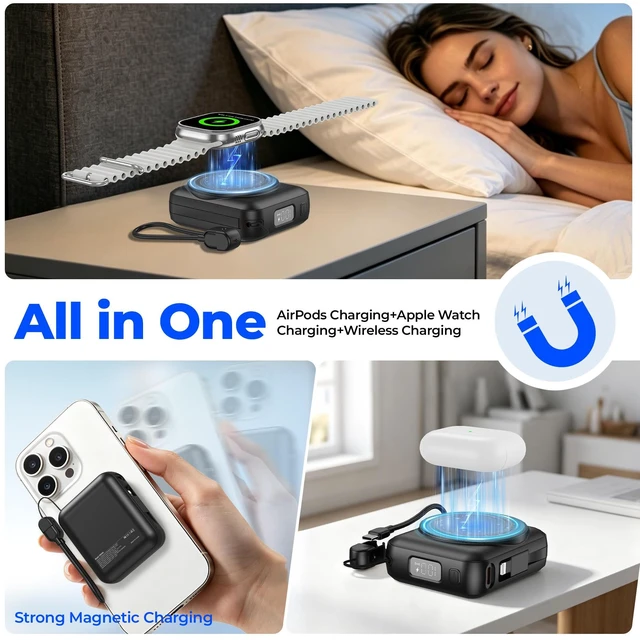Alt view image 7 of 7 - 20000mAh Portable Charger 22.5W Fast Charging Power Bank Charge iWatch, Built-in Cables, LED Display, Magnetic Wireless Charging, TSA approved, Pocket Size, for Apple Watch, Phone, AirPods, Black
