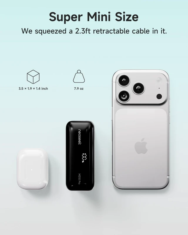 Alt view image 2 of 7 - Neoseek Ultra Mini Portable Charger, 10000mAh 45W Fast Charging Power Bank | Flight-Safe, 2.3 ft USB-C Retractable Cable, Travel Essential, 45W Battery Phone Pack for iPhone 18 17 16 Google iPad etc