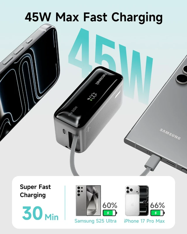 Alt view image 5 of 7 - Neoseek Ultra Mini Portable Charger, 10000mAh 45W Fast Charging Power Bank | Flight-Safe, 2.3 ft USB-C Retractable Cable, Travel Essential, 45W Battery Phone Pack for iPhone 18 17 16 Google iPad etc