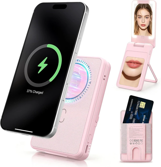 Main image of DOSUKE Magnetic Wireless Power Bank 5-in-1, Travel Essential Gift for Women Valentine, Portable Charger with LED Mirror, Phone Stand, Card Holder & Bluetooth Remote, Fast Charging for iPhone & Android