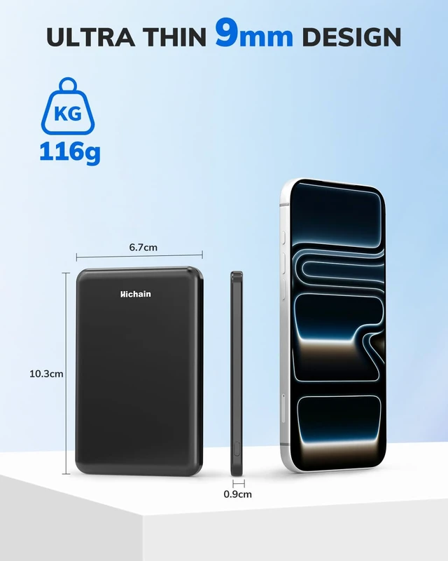 Alt view image 2 of 7 - Hichain Magnetic Portable Charger for iPhone Ultra Slim Magnetic Power Bank | Black 5000mAh Wireless Slim Magnetic Power Bank for iPhone 18-12 Magnetic Battery Pack Safe Charging with 60W USB C Cable
