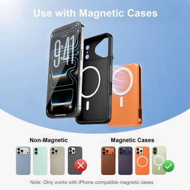 Alt view image 3 of 7 - ATGIH 10000mAh Magnetic Wireless Power Bank, 5-in-1 Portable Charger with 2 Built-in Cables, 22.5W PD Fast Charging Magnetic Battery Pack for iPhone 17/16/15/14/13/12 and All Series Orange