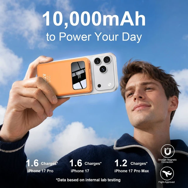 Alt view image 2 of 7 - ATGIH 10000mAh Magnetic Wireless Power Bank, 5-in-1 Portable Charger with 2 Built-in Cables, 22.5W PD Fast Charging Magnetic Battery Pack for iPhone 17/16/15/14/13/12 and All Series Orange