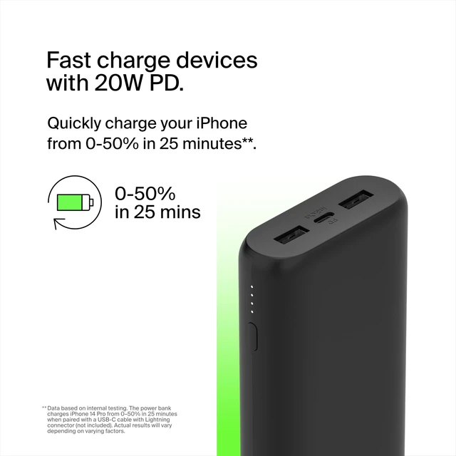Alt view image 2 of 6 - Belkin 20000mAh 20W 3 Port Power Bank, USB C to USB C Cable Included | Fast Charging Battery Pack, iPhone 17, Air, Pro, Pro Max, AirPods, Nintendo Switch 2, Travel Essentials