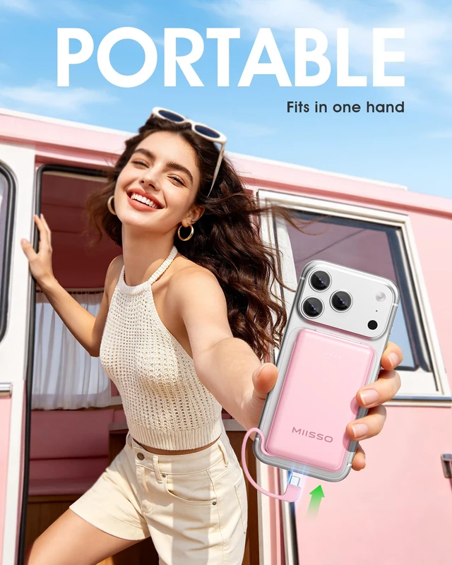 Alt view image 6 of 7 - miisso Ultra Slim 5000mAh Power Bank, Built-in Cables & AC Plug,Pink | Pocket Size Portable Charger,Mini Phone Charger,Travel Essential,USB C External Battery Pack Compatible with iPhone,Samsung