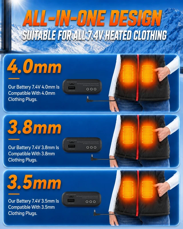 Alt view image 3 of 7 - 7.4V 20000mAh Battery Pack for Heated Vest Coat Jacke for ORORO&Venustas | 3.5/3.8/4.0mm DC Port Rechargeable Battery for Heated Blanket Pants Camping Chair UnderwearNo Adapter Cable Needed