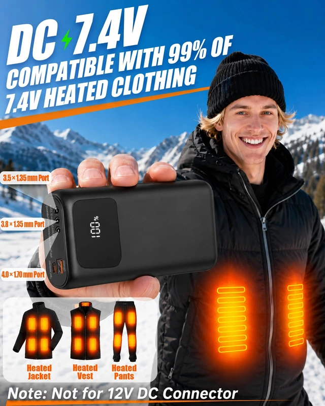 Alt view image 2 of 7 - 7.4V 20000mAh Battery Pack for Heated Vest Coat Jacke for ORORO&Venustas | 3.5/3.8/4.0mm DC Port Rechargeable Battery for Heated Blanket Pants Camping Chair UnderwearNo Adapter Cable Needed