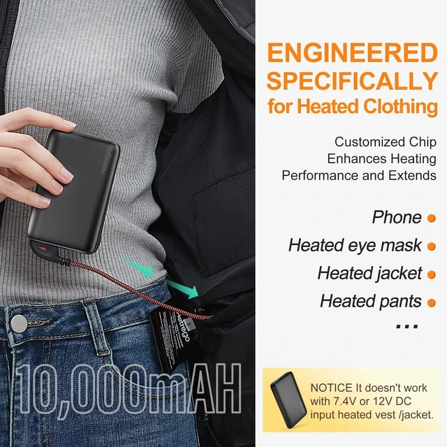 Alt view image 2 of 6 - Hotrego Heated Vest Battery Pack, 5V 2A 10,000 mAH Ultra Slim Compact Portable Charger with USB-C Charging Cable, Rechargeable Power Bank for Men Women Heated Jacket, Pants, Clothing, iPhone,Etc