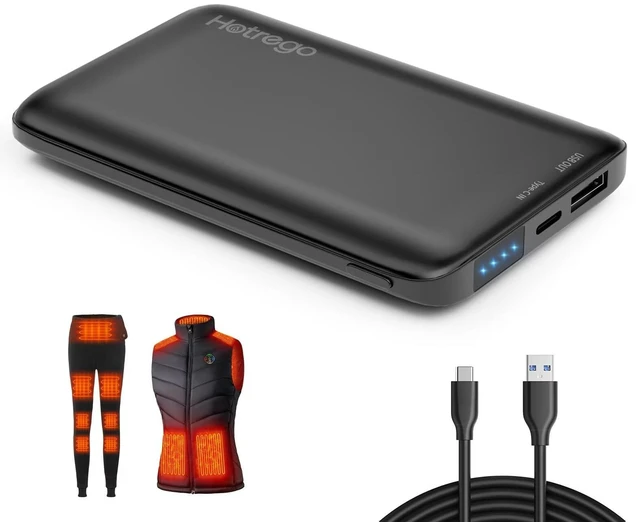 Main image of Hotrego Heated Vest Battery Pack, 5V 2A 10,000 mAH Ultra Slim Compact Portable Charger with USB-C Charging Cable, Rechargeable Power Bank for Men Women Heated Jacket, Pants, Clothing, iPhone,Etc