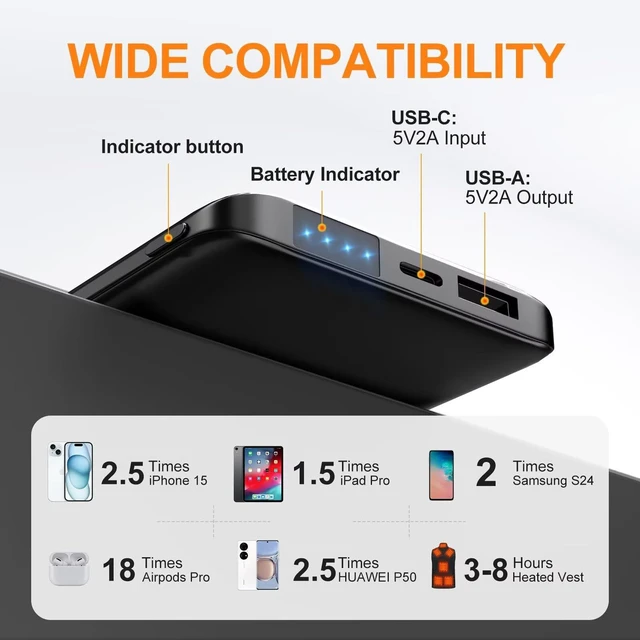 Alt view image 5 of 6 - Hotrego Heated Vest Battery Pack, 5V 2A 10,000 mAH Ultra Slim Compact Portable Charger with USB-C Charging Cable, Rechargeable Power Bank for Men Women Heated Jacket, Pants, Clothing, iPhone,Etc