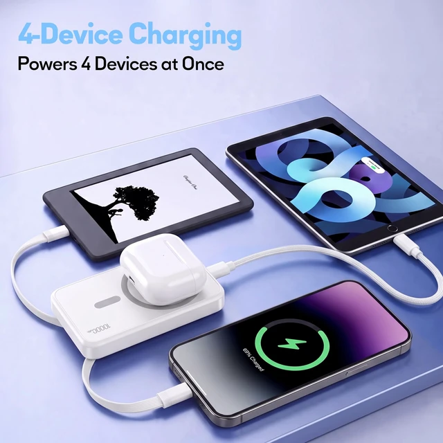 Alt view image 4 of 6 - GUGOBOX for Magsafe Power Bank, 2-Pack 10000mAh Magnetic Portable Charger | 22.5W PD & 15W Wireless Fast Charging, Foldable Stand, Built-in Cables, Travel-Ready Power Bank for iPhone & Android