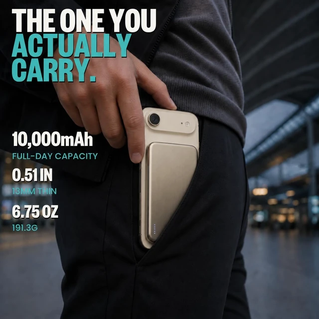 Alt view image 2 of 7 - BMX Air 10K Semi-Solid Qi2.2 Magnetic Power Bank, 13mm Titanium Body (Gold)|10,000mAh in a slim 13mm titanium body; Qi2.2 up to 25W where supported; semi-solid-state cells; 30W USB-C; 4 LED indicators