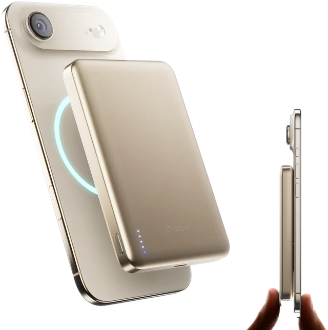 Main image of BMX Air 10K Semi-Solid Qi2.2 Magnetic Power Bank, 13mm Titanium Body (Gold)|10,000mAh in a slim 13mm titanium body; Qi2.2 up to 25W where supported; semi-solid-state cells; 30W USB-C; 4 LED indicators