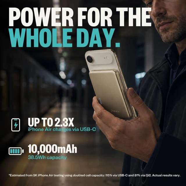 Alt view image 4 of 7 - BMX Air 10K Semi-Solid Qi2.2 Magnetic Power Bank, 13mm Titanium Body (Gold)|10,000mAh in a slim 13mm titanium body; Qi2.2 up to 25W where supported; semi-solid-state cells; 30W USB-C; 4 LED indicators