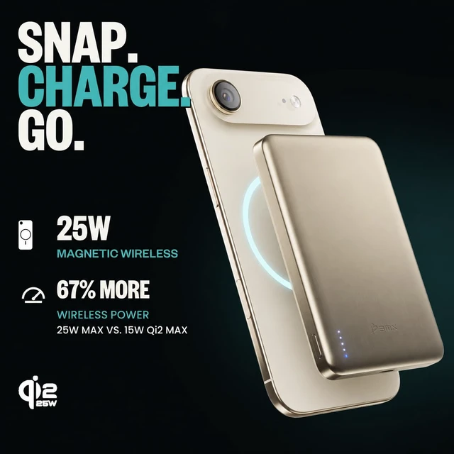 Alt view image 5 of 7 - BMX Air 10K Semi-Solid Qi2.2 Magnetic Power Bank, 13mm Titanium Body (Gold)|10,000mAh in a slim 13mm titanium body; Qi2.2 up to 25W where supported; semi-solid-state cells; 30W USB-C; 4 LED indicators