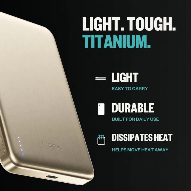 Alt view image 7 of 7 - BMX Air 10K Semi-Solid Qi2.2 Magnetic Power Bank, 13mm Titanium Body (Gold)|10,000mAh in a slim 13mm titanium body; Qi2.2 up to 25W where supported; semi-solid-state cells; 30W USB-C; 4 LED indicators