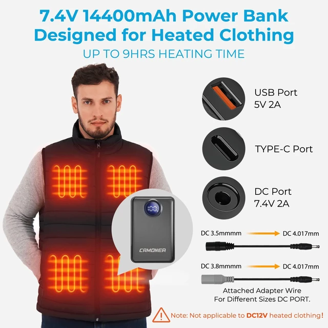 Alt view image 2 of 6 - Camoner 7.4V/5V 3A 14400mAh Heated Vest Battery Pack, Power Bank for Heated Vest, Heated Jacket Battery Pack Compatible with ORORO and Venustas, TODWARM, XINSONYUELL