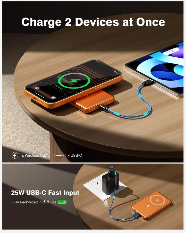 Alt view image 5 of 7 - Miisso 25W Qi2.2 Magnetic Power Bank, 10000mAh Ultra-Slim Portable Charger|CCC Certified Magnetic Battery Pack, 25W USB-C PD, Travel Essential PowerBank, for iPhone 18 Pro/Pro Max/Duo & 17-12, Orange