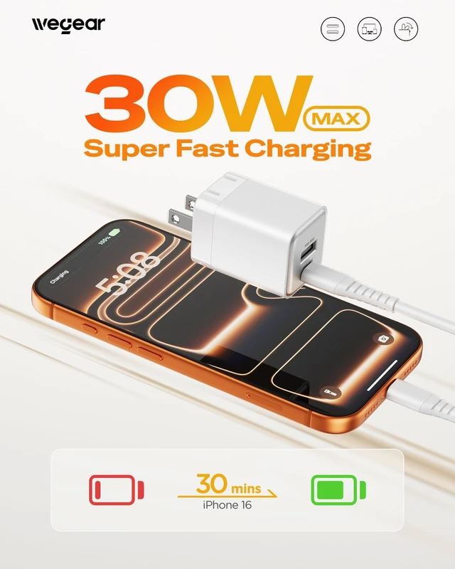 Alt view image 2 of 7 - wegear 30W Fast Charger, Dual Port USB C Wall Charger with Foldable Plug | for iPhone 18/17/16, Samsung S26/25/24, iPad, 40% Smaller & Safer Nano Charger Block, (White, 2 Pack)