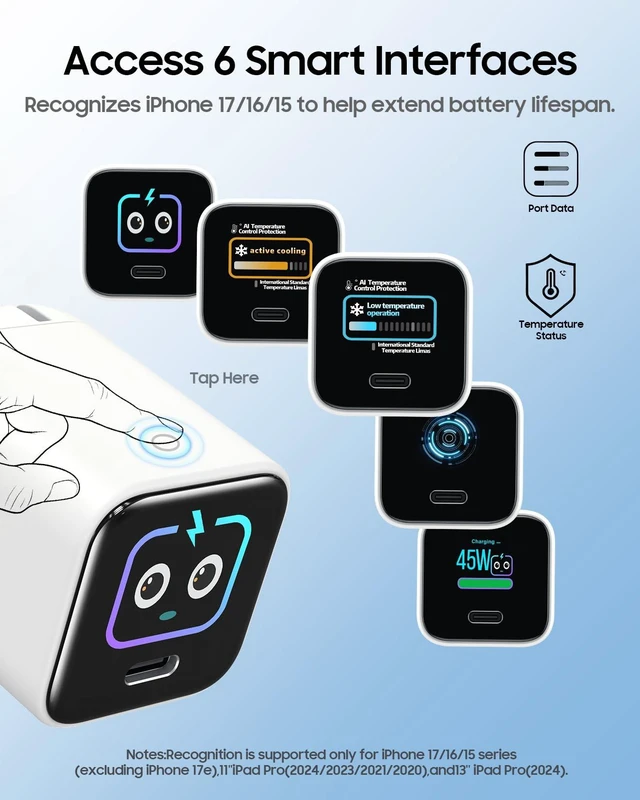 Alt view image 2 of 7 - FENDALE Smart Display Charger,USB C Charger Block with 6.6FT USB-C Cable,45W Max GaN Phone Charger 90° Foldable Plug,Smart Recognition,Care Mode,Real-Time Display,for iPhone 17 Pro Max/ 17 Pro /16/15