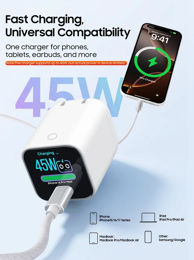 Alt view image 3 of 7 - FENDALE Smart Display Charger,USB C Charger Block with 6.6FT USB-C Cable,45W Max GaN Phone Charger 90° Foldable Plug,Smart Recognition,Care Mode,Real-Time Display,for iPhone 17 Pro Max/ 17 Pro /16/15