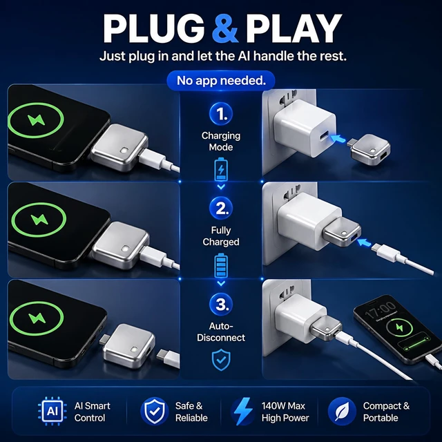 Alt view image 7 of 7 - 140W Smart Auto Stop Charging Adapter, USB-C Fast Charger with Physical Cut-Off, Automatic Power-Off Timer for Phone, Tablet & All USB Devices, Prevents Overcharging, Extends Battery Life