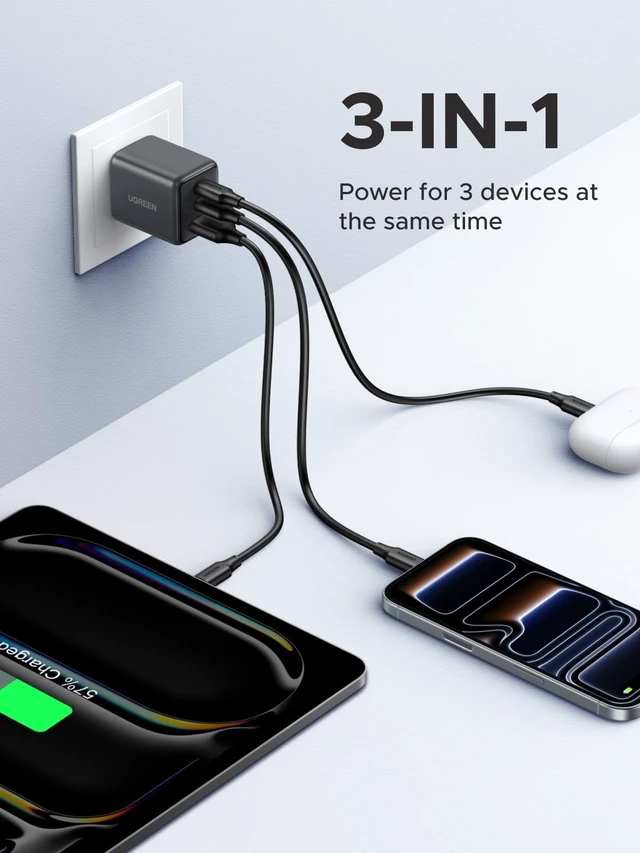 Alt view image 2 of 7 - UGREEN 3-Port 30W USB C Charger Block with USB C Cable, Black | 2 USB-C & 1 USB-A, Compact Size, Multiple Protection, for iPhone 18/17/16, Galaxy S26/S25, iPad, MacBook Neo/Air