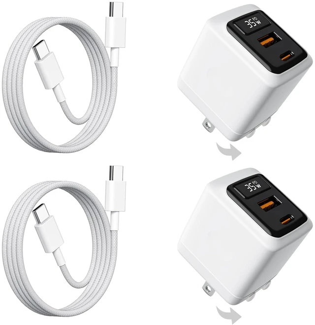 Main image of 35W USB C Fast Charger 2-Pack, 2-Port Wall Charger with Cable & LED Display | 90° Foldable Plug Charger,Type C Fast Wall Charger Blocks with 4.92ft Cable for iPhone 17/16/15 Series, Galaxy, Google
