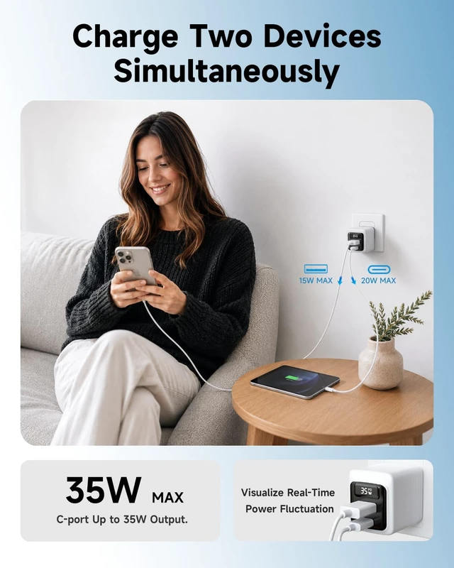 Alt view image 3 of 7 - 35W USB C Fast Charger 2-Pack, 2-Port Wall Charger with Cable & LED Display | 90° Foldable Plug Charger,Type C Fast Wall Charger Blocks with 4.92ft Cable for iPhone 17/16/15 Series, Galaxy, Google