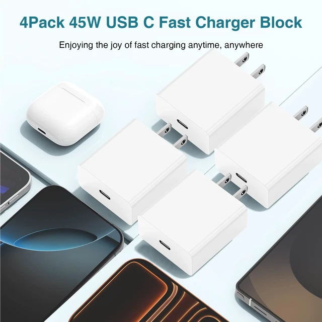 Alt view image 4 of 6 - 4Pack 45W USB C Wall Charger Block, USB C Charging Adapter 45W Type C Super Fast Charging Power Plug Cube for iPhone 18 Pro/17/16/15 Pro Max/for iPad Pro/min/Air/Galaxy S26/S25/24, and More