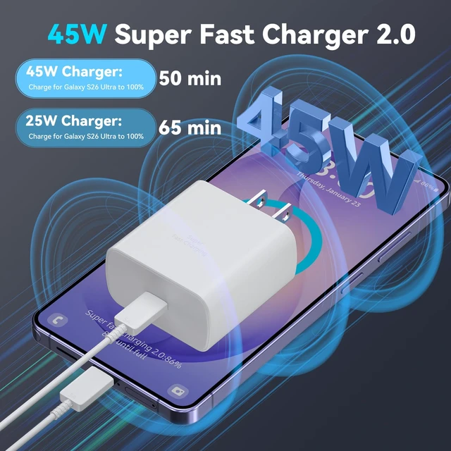 Alt view image 2 of 6 - 45W Super Fast Charger USB Type C Android Phone Charger Fast Charging Cord | 6.6FT USB C Cable with Block for Samsung Galaxy S26/S26 Ultra/S26+/S25/S25 Ultra/S25+/S24/S23/S22/S20/S21/Note 20/10, White