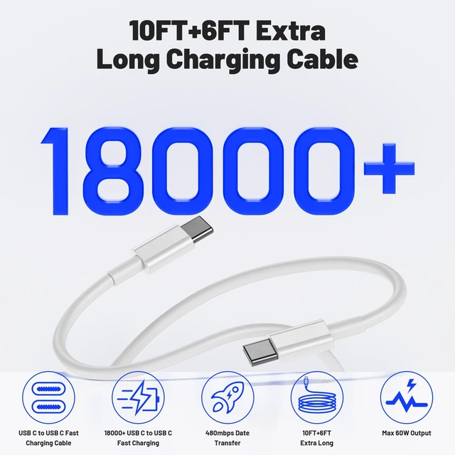 Alt view image 3 of 7 - 60W USB C Fast Charger Block, 6ft 6ft 10ft 10ft Type C to C Cable Cord Long and C Charging Plug Cube Brick for Apple iPhone Duo/18 Pro Max/17 Pro/17 Air/16 Pro/15 Plus/iPad mini/Samsung Power Adapter