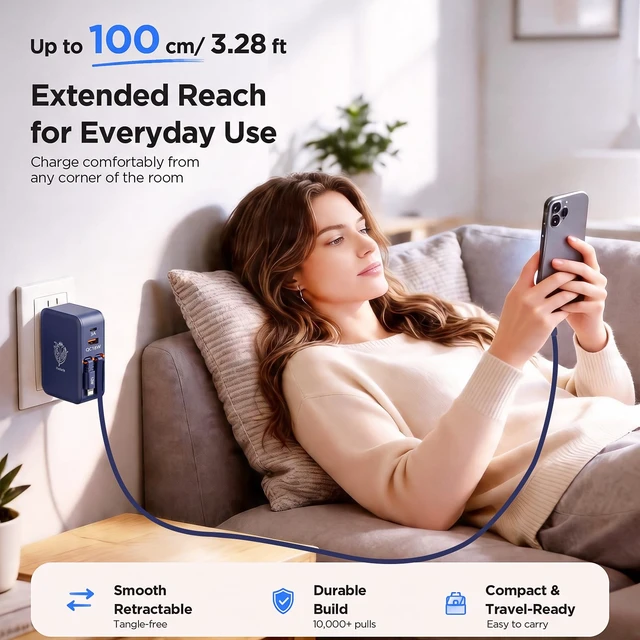 Alt view image 2 of 7 - FlexTurtleUltra-Compact 4 in 1Retractable Wall Charger with Dual Cables(3.28ft), Retractable Phone Charger Wall Plug with 2 USB Ports, 35W Retractable Charger for iPhone 17/16/15/14/13, iPad(Blue)