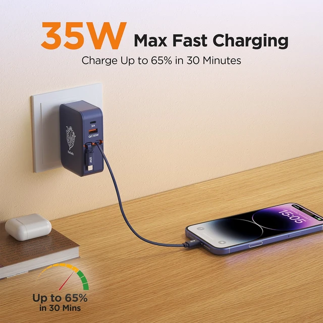Alt view image 3 of 7 - FlexTurtleUltra-Compact 4 in 1Retractable Wall Charger with Dual Cables(3.28ft), Retractable Phone Charger Wall Plug with 2 USB Ports, 35W Retractable Charger for iPhone 17/16/15/14/13, iPad(Blue)