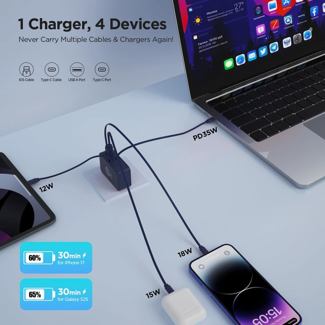 Alt view image 4 of 7 - FlexTurtleUltra-Compact 4 in 1Retractable Wall Charger with Dual Cables(3.28ft), Retractable Phone Charger Wall Plug with 2 USB Ports, 35W Retractable Charger for iPhone 17/16/15/14/13, iPad(Blue)