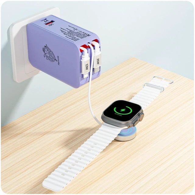 Main image of FlexTurtle Retractable Apple Watch Charger, 5 in 1 Wall Charger with 3 Retractable Cables for Older iPhones & USB-C Devices, 35W Foldable Charger Block for iPhone 17/16/15/14, iPad, AirPods (Purple)