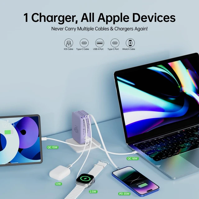 Alt view image 2 of 7 - FlexTurtle Retractable Apple Watch Charger, 5 in 1 Wall Charger with 3 Retractable Cables for Older iPhones & USB-C Devices, 35W Foldable Charger Block for iPhone 17/16/15/14, iPad, AirPods (Purple)