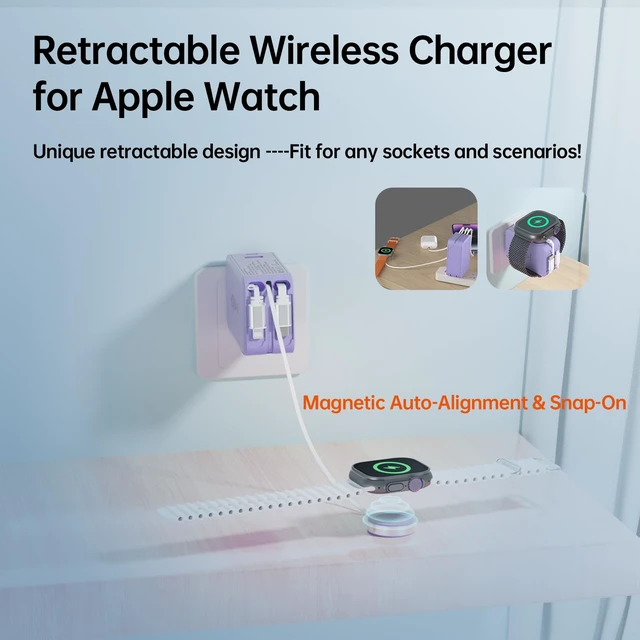 Alt view image 3 of 7 - FlexTurtle Retractable Apple Watch Charger, 5 in 1 Wall Charger with 3 Retractable Cables for Older iPhones & USB-C Devices, 35W Foldable Charger Block for iPhone 17/16/15/14, iPad, AirPods (Purple)