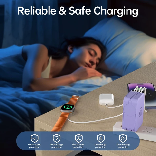 Alt view image 6 of 7 - FlexTurtle Retractable Apple Watch Charger, 5 in 1 Wall Charger with 3 Retractable Cables for Older iPhones & USB-C Devices, 35W Foldable Charger Block for iPhone 17/16/15/14, iPad, AirPods (Purple)