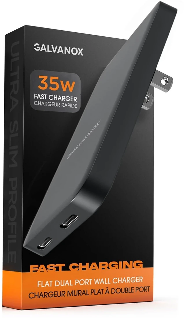 Main image of Galvanox Flat USB-C Charger (35W) for Samsung and Android Devices, Super Fast Charging, Ultra-Slim Wall Adapter for Galaxy S25 Ultra, S24, S23, Google Pixel 9 10, 10 Pro XL (Type-C) Dual Port