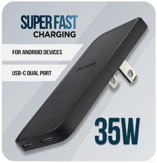 Alt view image 2 of 7 - Galvanox Flat USB-C Charger (35W) for Samsung and Android Devices, Super Fast Charging, Ultra-Slim Wall Adapter for Galaxy S25 Ultra, S24, S23, Google Pixel 9 10, 10 Pro XL (Type-C) Dual Port