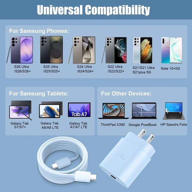 Alt view image 3 of 6 - Super Fast Samsung Charger Type C 25W USB C Android Phone Charger Block | with 10FT Long USB C Charging Cable for Samsung Galaxy S26/S26 Ultra/S26+/S25/S25 Ultra/S25+/S24/S23/S22/S20/S21/Note 20,Blue